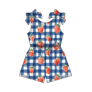 Combinaison sans manches pour bébé fille, motif à carreaux bleus et nœuds fraises, collection SR4133 CUSTOM, vente en gros pour enfants. - Product Image 1