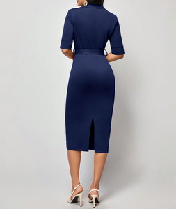 Vestido midi elegante de oficina para mujer, azul marino, con mangas hasta el codo, cuello <span class=keywords><strong>en</strong></span> V, cinturón y abertura trasera, estilo bodycon. - Product Image 2