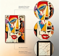 Peinture à l'huile cubiste figurative sur toile, peinte à la main, à l'impasto, visages géométriques, multicolore vibrante, art abstrait rétro texturé