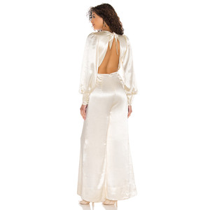 2021 Casual personalizar satén espalda descubierta manga larga Sexy cuello en V señora elegante pantalón de pierna ancha <span class=keywords><strong>Mono</strong></span> para mujer - Product Image 1