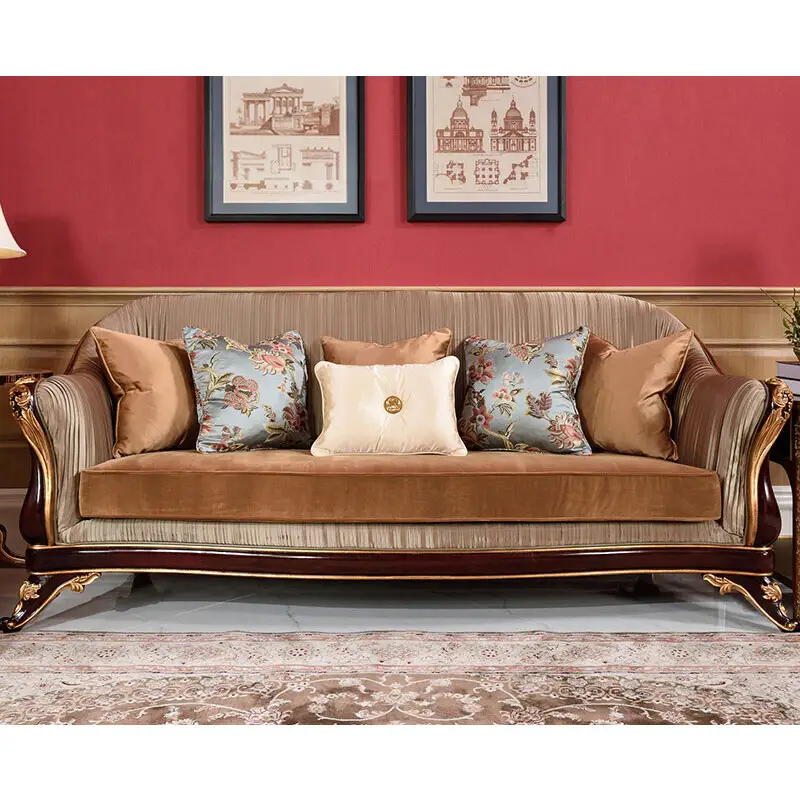 Classical European style living room furniture luxury Wooden Velvet sofas royal furniture classic sofa set
