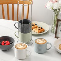 Ensemble de tasses empilables en céramique de 15 oz avec support en métal, tasse à latte embossée, tasses à café en céramique avec poignée pour cappuccino et thé