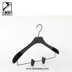 Hot sale customized wooden pants hanger with clips with velvet on shoulders