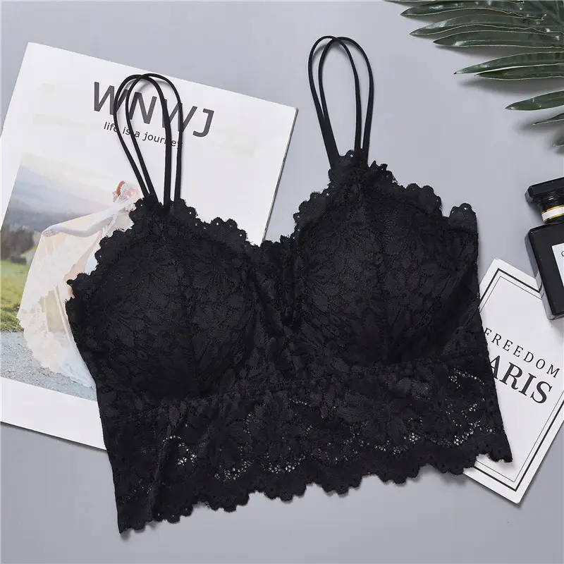 Coldker Sexy Women V Profundo neck Spaghetti Strap Floral Lace Top curto Bra Unpadded Bralette Malha Pura Topos de Sutiã