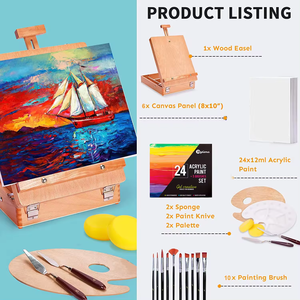 Bview Art Portable Pliant Durable Dessin En Bois Italie Croquis <span class=keywords><strong>Chevalet</strong></span> Boîte <span class=keywords><strong>Kit</strong></span> Avec 24 Peinture Acrylique Pinceau Palette Couteau - Product Image 5
