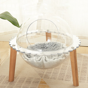 Elegante cama redonda de acrílico para gatos con nido en forma de cuenco transparente Patrón de animales Base de trípode de madera maciza ecológica Muebles para casas de mascotas - Product Image 2