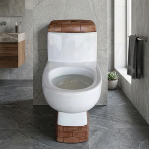 WC monobloc moderne en céramique, design en bois blanc bicolore, avec double chasse d'eau pour salle de bain - Product Image 2