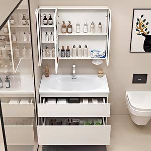 Meuble-lavabo de salle de bain moderne en bois massif et PVC, sur pied, avec vasque en céramique, miroir LED et <span class=keywords><strong>armoire</strong></span> à <span class=keywords><strong>pharmacie</strong></span> pour appartements - Product Image 5