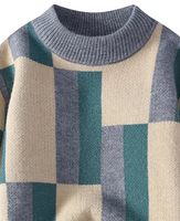 Pull tricoté décontracté pour homme en fil doux filé à la main, col rond, motif patchwork rétro color block, logo frontal, collection hiver ODM