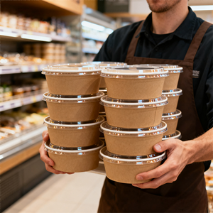 Kraft kağıt salata kasesi ile kağıt kapak 500ml 750ml 950ml Compostable kahvaltı fırın Catering Fast <span class=keywords><strong>Food</strong></span> için OEM baskı - Product Image 1