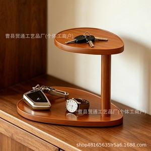 Wooden Storage Rack Round 2 Tier Key Watch Holder <b>Desktop</b> Organizer Brown Standing Type Home Decor - Product Image 1