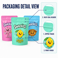Op maat bedrukte snackstand-up pouch van PE-materiaal, 0,2 mm dik, met hersluitbare ritssluiting, verpakking voor snoep, voedsel, retail en e-commerce merken