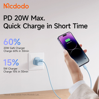 Mcdodo 376 Vente en gros Royaume-Uni Chargeur rapide PD 20W noir bleu violet pour iPhone GaN 20W Chargeur Type C Câbles PD Adaptateur secteur Chargeur