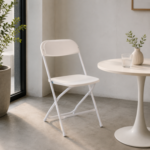 White Plastic Folding <b>Chair</b> Minimalist Design Outdoor <b>Garden</b> Use Tapered Leg <b>Stackable</b> Secure Comfortable Guest Seating - Product Image 1