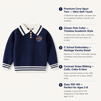 Suéter de Punto con Cuello Polo para Niños, Estilo Universitario, Cuello Camisero, Color Azul Marino, Edades 2-8, Personalizado OEM