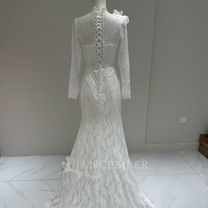 Vestido de Novia de Lujo Lscm91 Color Marfil, Mangas Largas con Ilusión de Transparencia, Apliques de Encaje Floral, Vestido de Novia Sirena con Cuentas, Jancember - Product Image 3