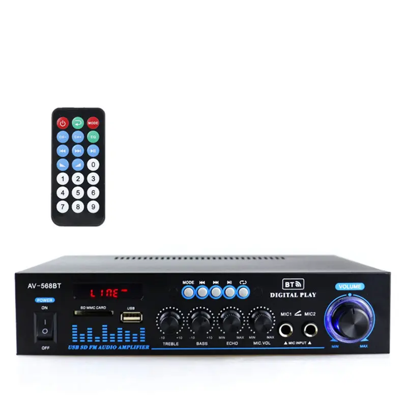 Amplificatore Stereo di potenza Audio AV-568BT amplificatore BT 2.0 canali 60 wx2 con 2 ingressi RCA lettori SD USB
