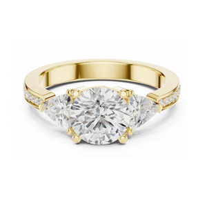 Anillo de Compromiso de Tres Piedras con Corte Redondo, Anillo de Diamantes Trillón en Oro Amarillo, Anillo de Promesa Pasado, Presente y Futuro, Joyería Nupcial Elegante - Product Image 1