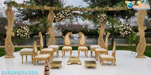 Sillas Vedi de madera de diseño moderno para bodas, conjunto Mandap dorado, decoraciones tradicionales indias para bodas, venta de fábrica, EE. UU. - Product Image 6