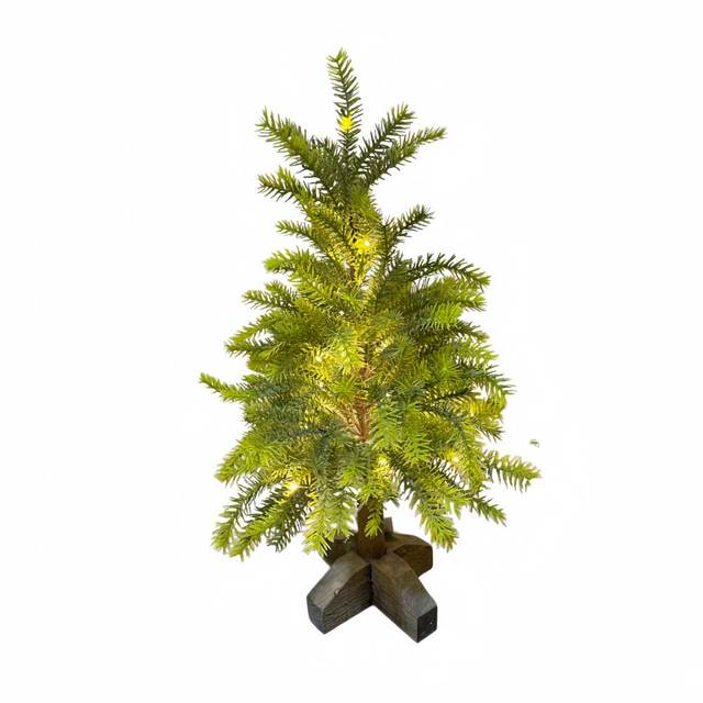 Small Lighted Christmas Tree with Wooden Base, Mini Pre-Lit Pine Tree for Tabletop, Desktop Holiday Decor