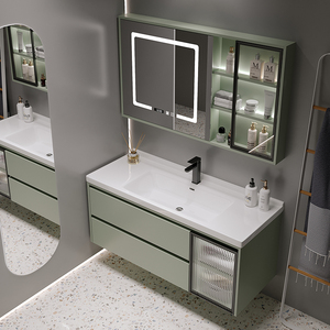 Modern cream white bathroom cabinet <b>set</b> with colorful drawer pulls led mirror storage unit factory direct - Product Image 1