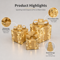 Coffret Cadeau Scintillant Doré en Fer avec 3 LED Chaudes et Nœuds Pailletés – Vente Directe Usine pour Décoration de Noël, Arbre de Noël, Cheminée et Table de Fête
