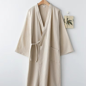 Camicia da Notte in Puro <span class=keywords><strong>Cotone</strong></span> per Coppie, Tinta Unita, Sottile, Ampia, <span class=keywords><strong>Accappatoio</strong></span> Traspirante per <span class=keywords><strong>Uomo</strong></span> e Donna, Abbigliamento Casual Primaverile ed Estivo - Product Image 1