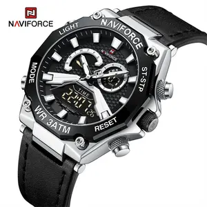 NAVIFORCE 9220 SBB שחור אמיתי עור אופנה קוורץ שעונים עבור זכר עמיד למים שעון יד כפול תצוגת LED צמיד גברים