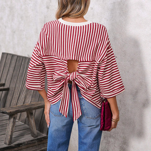Nouvelle Arrivée 2026 – Haut Tricoté Rayé à Col Rond et Nœud au Dos pour <span class=keywords><strong>Femme</strong></span> - Product Image 3