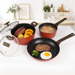 Winning Star 3-Piece Cookware <b>Set</b> Non-Stick Red With Lids For Cooking Stir Frying Steaming Stewing - Product Image 2