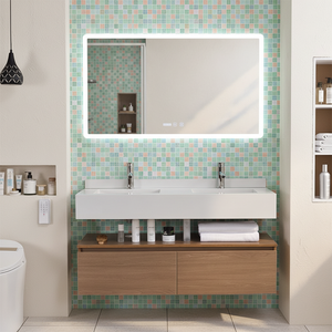 Meuble-lavabo double vasque moderne <span class=keywords><strong>avec</strong></span> structure en contreplaqué et MDF, vasque en céramique, design mural, <span class=keywords><strong>miroir</strong></span> intelligent inclus - Product Image 1