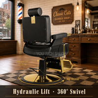 Fauteuil de Barbier Hydraulique Premium Noir et Or pour Hommes, Chaise de Salon avec Cadre Plaqué Or et Appui-tête Brodé, Rotation à 360° °   Chaise de barbier pivotante