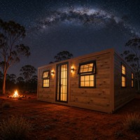 Cabane préfabriquée Outback Stargazing en bois grainé avec structure en acier, espace de repos modulaire en pleine nature avec fenêtres en verre