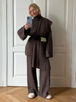 Ensemble pull ample et pantalon large à col montant pour femme Blubelle, nouvelle collection automne-hiver, décontracté, uni et épais