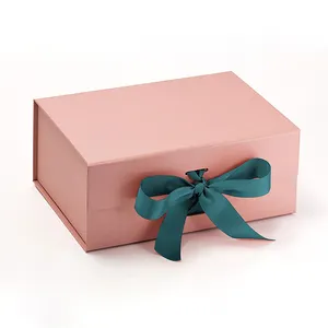 批发定制标志豪华书形纸纸板包装粉色磁性礼品盒带丝带蝴蝶结圣诞用品