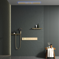 Ensemble de douche thermostatique LED de luxe avec mitigeur, système de robinetterie de bain à effet pluie, cascade et brume, monté au plafond, avec étagère de rangement pour salle de bain
