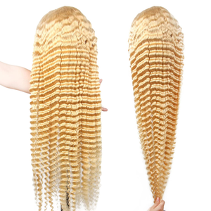 100% cabello humano 613 Color <span class=keywords><strong>Rubio</strong></span> color onda profunda crudo indio 13X4 13X6 transparente Hd encaje frontal Peluca de cabello humano - Product Image 1