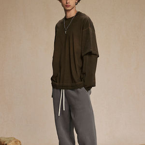 T-shirt à manches longues surdimensionné de haute qualité à motif uni lourd T-shirt ample à col rond pour hommes - Product Image 1