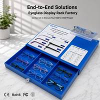 Présentoir de Comptoir Bleu Compact pour Lunettes Intelligentes pour Enfants, avec Tiroir à 3 Compartiments, Zone d'Échantillons de Branches et Charnières Réglables