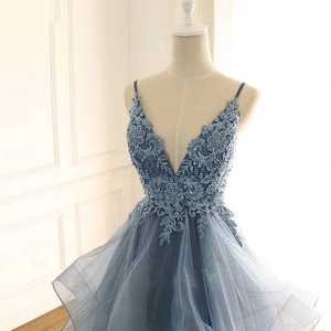 Evening Gown V-Neck Backless Lace Dark Blue Ball Gown Empire Waist Formal Dress Spring Style - Product Image 2