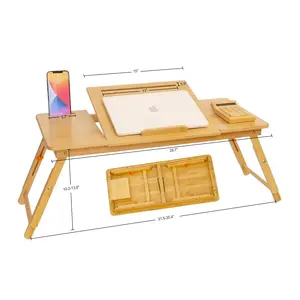 Bambu dizüstü bilgisayar masası ayarlanabilir yükseklik raf raf yurt yatak katlanabilir Lap masa kitap okuma tepsi standı ile kalem depolama çekmecesi
