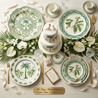 Service de vaisselle en céramique à bords ondulés modernes, plantes tropicales, assiettes en porcelaine, assiettes de service de luxe pour hôtel et restaurant, 6/8/10/12 pouces