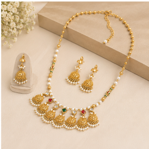 Gold Beaded Necklace and <b>Earring</b> Set Pearl and Gemstone Choker Jhumka Jewelry for Women Gift Ceremony Wear - Product Image 4