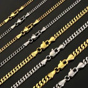 Vente en gros de bijoux en acier inoxydable plaqué or jaune véritable 14 carats à maillons 2mm 3mm Miami bijoux pour hommes et femmes collier à chaîne cubaine