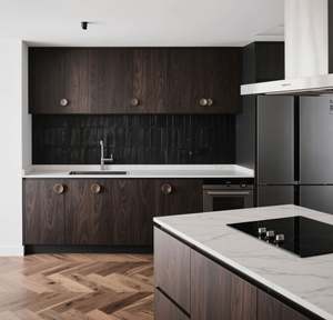 SANTOPOVA Modern Dark Wood Grain Kitchen Set with <b>Black</b> Appliances and Glass-Front Wine Cabinet - Product Image 3