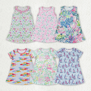 Vestidos de Verano para Niñas al por Mayor, Vestidos Cortos de Manga Corta hasta la Rodilla para Niñas, Transpirables, de Seda de Leche, Estampados, Amigables con la Piel - Product Image 1