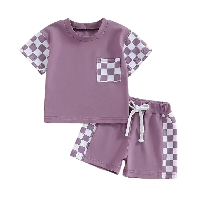 High Quality Trendy Plaid Style T-Shirt Suit Energetic Summer Set For Kids Clothing Sets