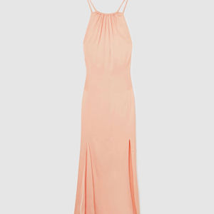 Nouvelle Arrivée 2026 – Robe longue décontractée en satin pêche pour femme, col halter, double bretelle, corsage froncé, fente latérale - Product Image 6