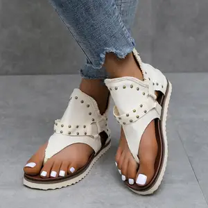 2024 summer new cozy canvas flat beach shoes back zipper rivet Flip Flops large size women ankle flat sandals