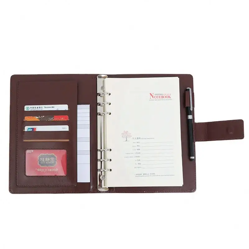 Buku penghitungan daun longgar kulit kain bisnis A5, dengan posisi penyisipan kartu lipat tiga 6 cincin Binder Notebook perban